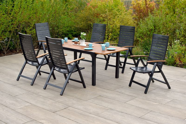 Merxx Astros Set 7-teilig, 6 Astros Klappsessel, 1 Ausziehtisch, 150 (200) x 90 cm, Aluminium mit FSC Akazienholz, 50628-217