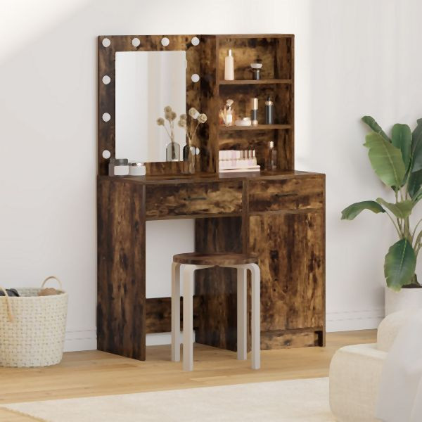 vidaXL 2-teiliges Schminktisch-Set mit LED Geräuchertes Eichen-Sperrholz, 3334276