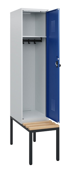 C+P Spind Evolo PLUS, 1 Abteil, 1950x400x815mm, 7035/5010, Drehriegel, Sitzfläche Holz, Sitzbank, 0490505-12 S10006