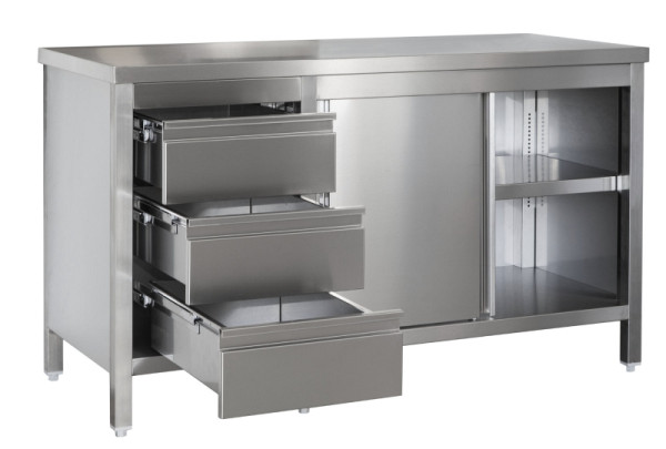A&S Gastro Edelstahl Arbeitsschrank mit Schubladenblock links, Türen, Zwischenboden, Tiefe 700mm, AISI 304, 2900 x 700 x 850 mm, ARSSBL297