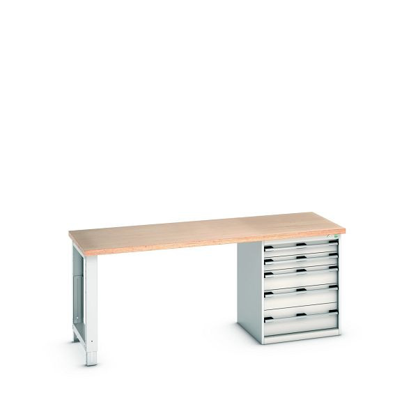 bott cubio Werkbank mit Schubladenschrank 5 Schubladen, Fuß, Multiplex-Platte, BxTxH: 2000x750x840mm, Multiplex RAL 7035, 41003323.16V