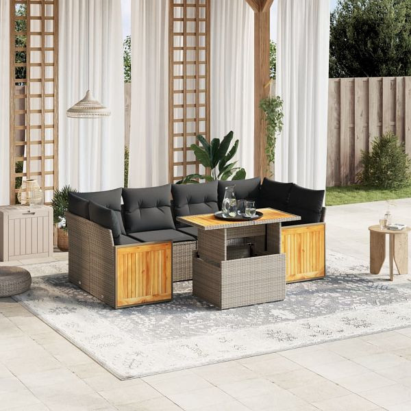 vidaXL 7-teilig Garten-Sofagarnitur mit Kissen Grau Poly Rattan, 3273860