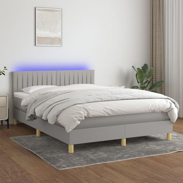vidaXL Boxspringbett mit Matratze & LED Hellgrau 140x200 cm Stoff, 3133877
