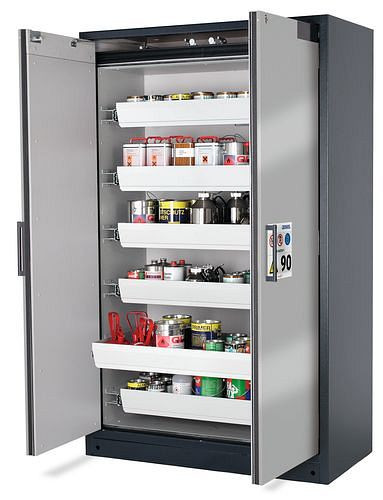 asecos Feuerbeständiger Gefahrstoffschrank Select W-126, 6 Auszugswannen, Türen silber, 201058