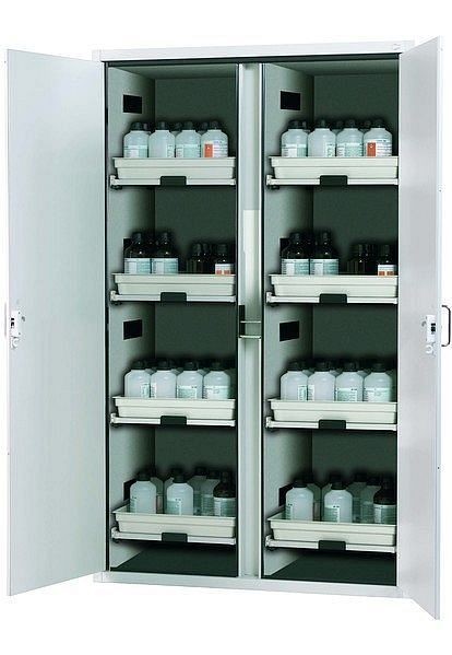 asecos Säuren- und Laugenschrank SL-CLASSIC Modell SL.196.120.MV in lichtgrau RAL 7035 mit 8x Tablarauszug AbZ (FP-Platte/Polypropylen), 30606-001-30607
