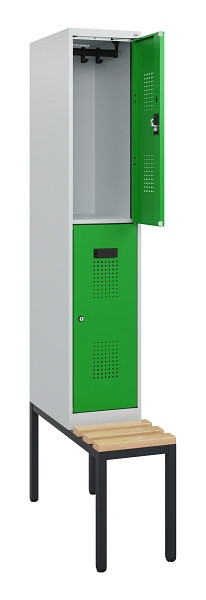 C+P Doppelstöckiger Spind Evolo PLUS, Bank, 2 Fächer, 1950x300x815mm, 7035/6037, Zylinderschloss, Sitzfläche Buche-Hartholz, Sitzbank, 0493505-10 S10038