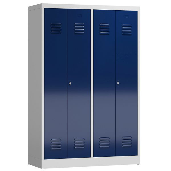 Lüllmann ClassiX Garderobenschrank, 4 Abteile, je 2 mittig schließend, 1800 x 1185 x 500 mm, lichtgrau/enzianblau, X-510441