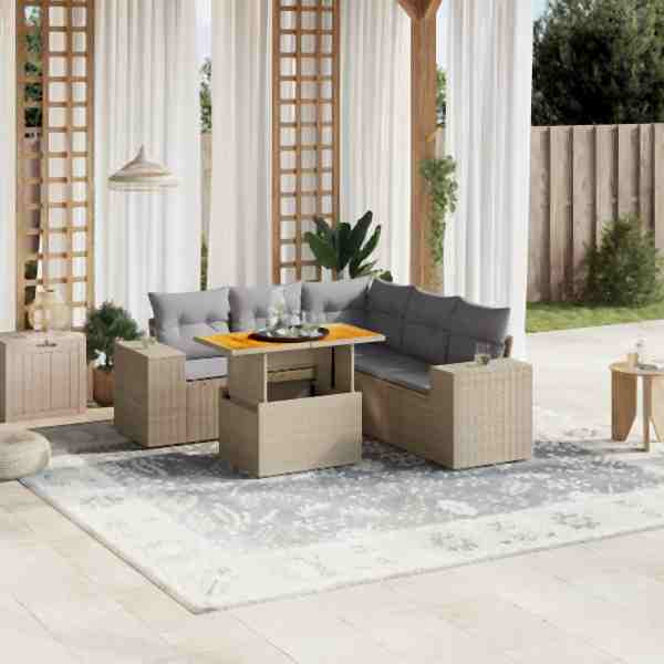 vidaXL 6-tlg. Garten-Sofagarnitur mit Kissen Beige Poly Rattan, UV-beständig, 3272634