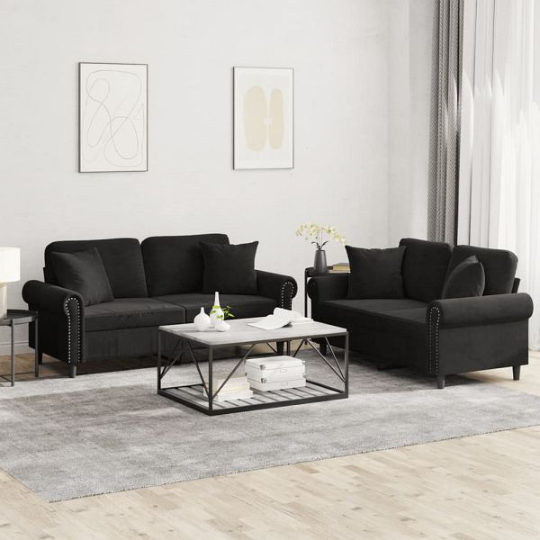 vidaXL 2-teilig Sofagarnitur mit Kissen Schwarz Samt, 3202235