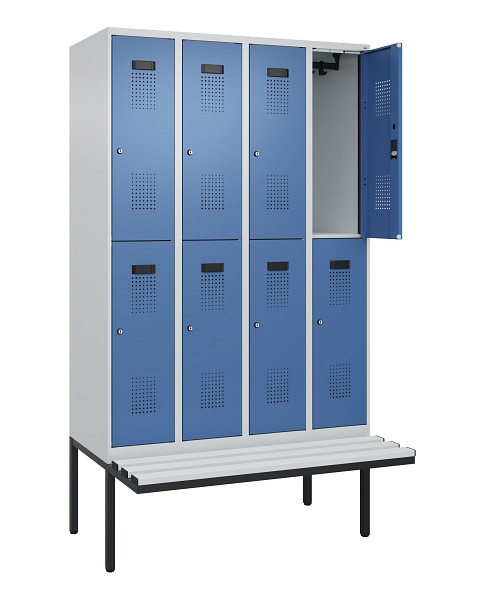C+P Doppelstock-Spind Evolo PLUS, Bank, 8 Fächer, 2120x1200x815mm, 7035/5023, Zylinderschloss, Sitzfläche Kunststoff, 0493407-40 S10116