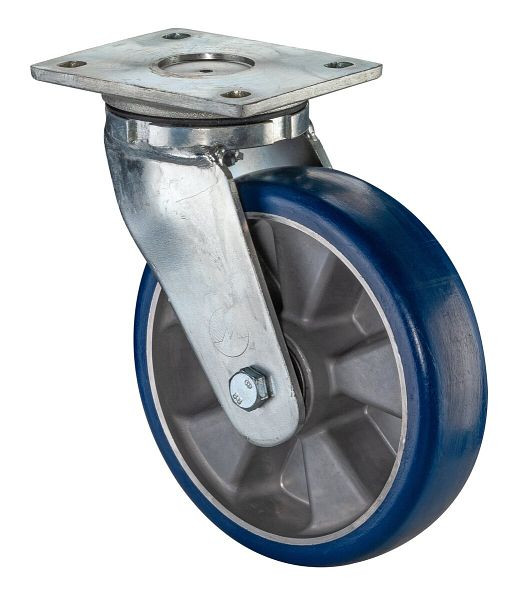 BS Rollen Schwerlastrolle Lenkrolle, Polyurethanrad 83 Shore, Aluminiumfelge, Kugellager, Platte, Durchmesser: 200 mm, RR100.B92.200