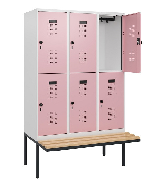 C+P Doppelstock-Spind Evolo PLUS, Bank, 6 Fächer, 1950x1200x815mm, 9016/3015, Drehriegel, Sitzfläche Buche-Hartholz, 0493405-32 S10019