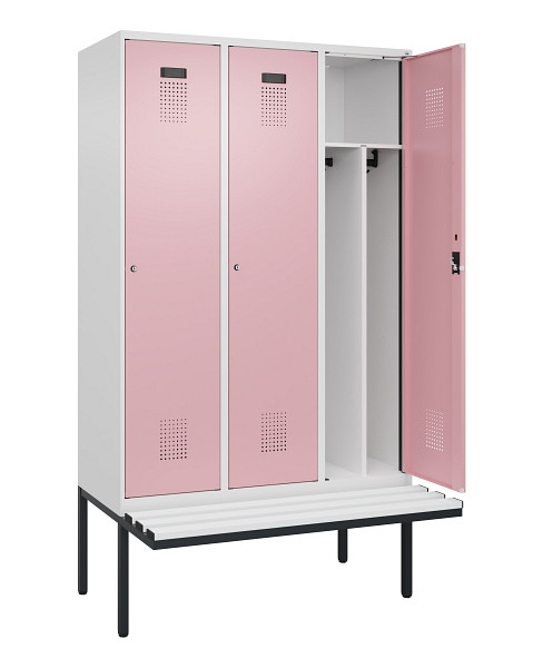 C+P Spind Evolo PLUS, 3 Abteile, 2120x1200x815mm, 9016/3015, Haken 4, Zylinderschloss, Sitzfläche Kunststoff, Trennwand, 0490407-32F S10107