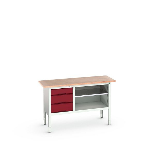 bott verso Kastenwerkbank mit einstellbarer Arbeitshöhe und Schubladenschrank mit 3 Schubladen, 1500x600x830-930mm, Lichtgrau/Purpurrot, 16923012.24