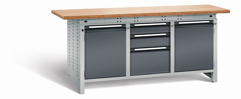 Otto Kind Werkbank Serie function Typ 310, Multiplexplatte 40 mm, überstehend, 2x Unterbau + mittleres Feld, Gehäuse RAL 9006, Front RAL 7016, 07236524S