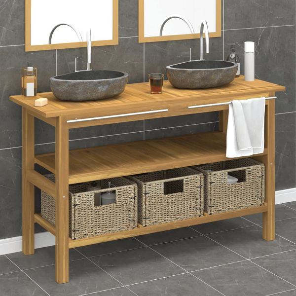 vidaXL Waschtisch mit Flussstein-Waschbecken Massivholz Teak, 3096590