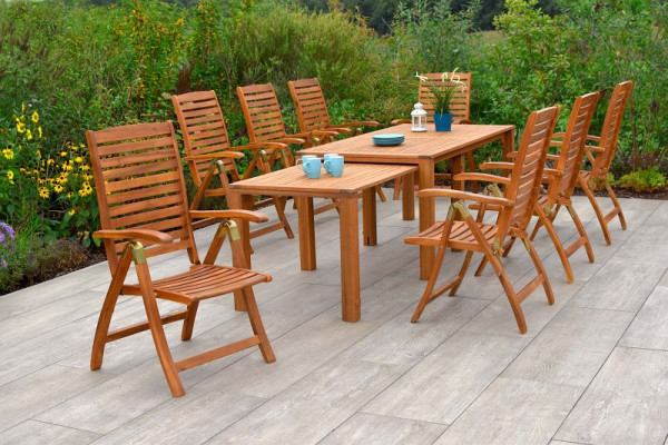Merxx Paraiba Set 9-teilig, 8 Paraiba Klappsessel, Rückenlehne 5-fach verstellbar, 1 Flex Ausziehtisch 185/370 x 90/73 cm, FSC Akazinholz, 50556-011
