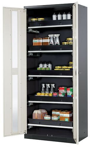 asecos Chemikalienschrank Systema-T CS-85G, Korpus anthrazit, Flügeltüren weiß, 5 Tablarauszüge, 209011