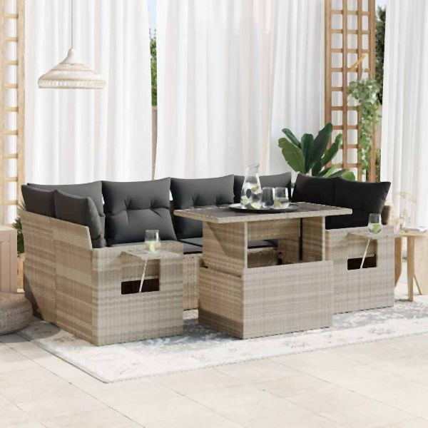 vidaXL 7-tlg. Garten-Sofagarnitur mit Kissen Hellgrau Poly Rattan, 3326433