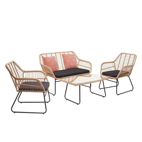 Mendler Polyrattan Garnitur HWC-G17a, Garten Sofa Set Sitzgruppe Stuhl, Seil, naturfarben, Polster anthrazit mit Dekokissen, 70947+2x51880
