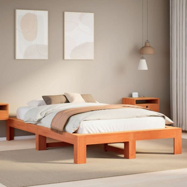 vidaXL Massivholzbett ohne Matratze Wachsbraun 135x190 cm Kiefernholz, 3308749