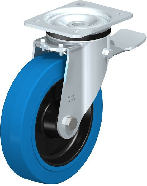 Blickle LK-POEV 200R-ST-SB Stahlblech-Lenkrolle, schwere Ausführung, mit Anschraubplatte & Feststeller, Elastik-Vollgummi, Blau, 750403