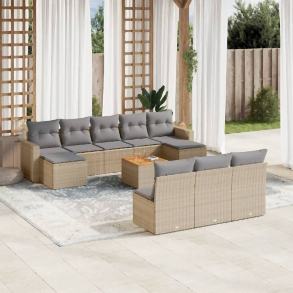 vidaXL 11-tlg. Garten-Sofagarnitur mit Kissen Beige Poly Rattan, 3256661