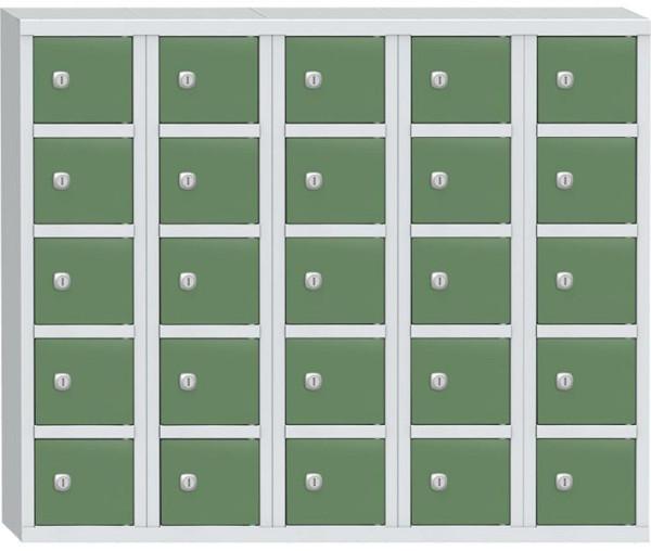Deskin Wertfachschrank mit 25 Fächern, Korpus Lichtgrau 7035, Türen Verkehrsgrün RAL 6024, H 780 x B 975 x T 200 mm, Zylinderschloss, 358073