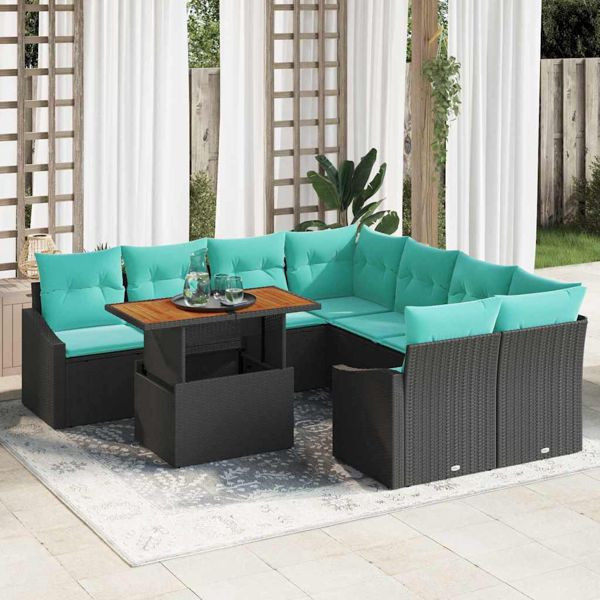 vidaXL Garten Essgruppe mit Kissen 9-teilig Schwarz und Teal, 3349822