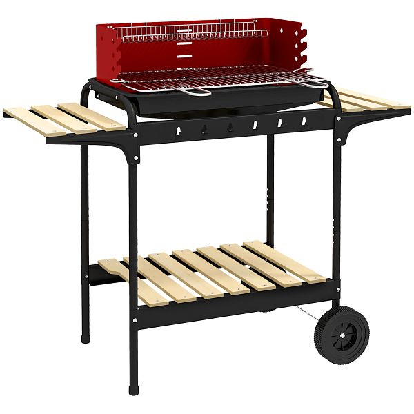 Outsunny Holzkohlegrill aus Metall BBQ Smoker mit Räder, höheverstellbar Grillrost, Holzablage 103x47x95 cm Rot, 846-149V00RD