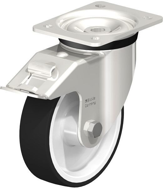 Blickle LKX-POTH 160G-FI Edelstahl-Schwerlast-Lenkrolle mit Anschraubplatte & Feststeller, Thermoplastisches Polyurethan, Grau, 739476