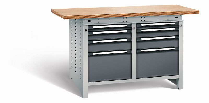 Otto Kind Werkbank Serie function Typ 216, Multiplexplatte 40 mm, überstehend, 2x Unterbau + Zentralverschluss, Gehäuse RAL 9006, Front RAL 7016, 07234624S