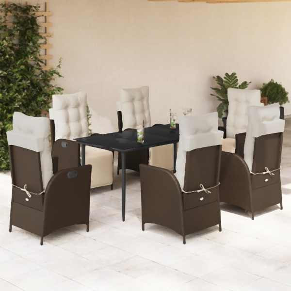 vidaXL 7-tlg. Garten-Essgruppe mit Kissen Braun Poly Rattan, UV-beständig, 3213410