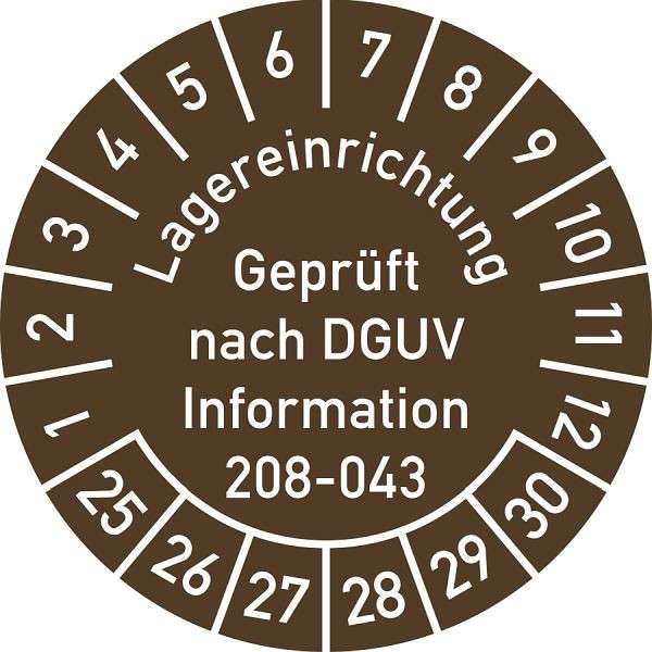 Moedel Prüfplakette Lagereinrichtung DGUV-208-043...2025-2030, Folie, Ø 30mm, VE: 10 Stück/Bogen, 108021