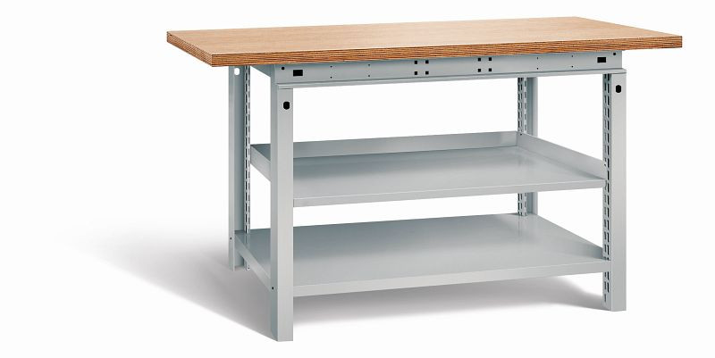 Otto Kind Werkbank Serie function Typ 208, Multiplexplatte 40 mm, überstehend, 1 Ablageboden, komplett RAL 9006, 072338296