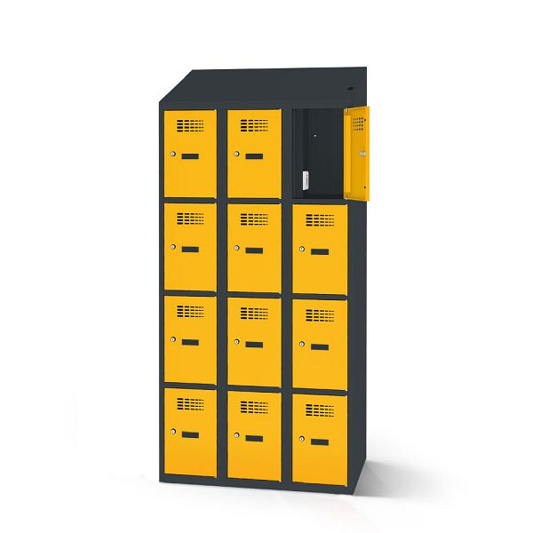 Rotstahl Fächerschrank, 12 Fächer, Stollenfüße, mit Ladefunktion, Schrägdach, Korpus: anthrazitgrau, Türen: verkehrsgelb, 2180-030400-1202112-7016-1023