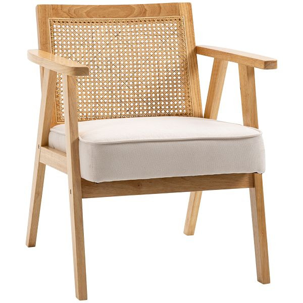 HOMCOM Exotischer Polsterstuhl, Kautschukholz, Sitzkissen in Leinenoptik, 63L x 69B x 78H cm, Cremeweiß, 839-183
