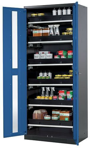 asecos Chemikalienschrank Systema-T CS-86G, Korpus anthrazit, Flügeltüren blau, 6 Tablarauszüge, 209045