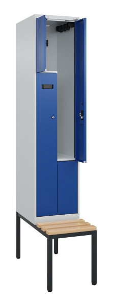 C+P Z-Spind Evolo PLUS, Bank, 2 Fächer, 2120x400x815mm, 7035/5010, Zylinderschloss, Sitzfläche Buche-Hartholz, Sitzbank, 0490537-122 S10036