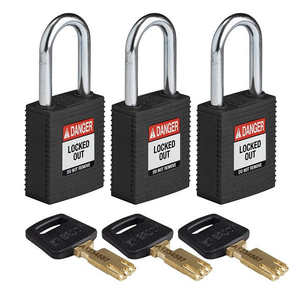 Brady Vorhängeschlösser SafeKey, Stahlbügel, lichte Bügelhöhe 38,10 mm, schwarz, VE: 3 Stück, 311880