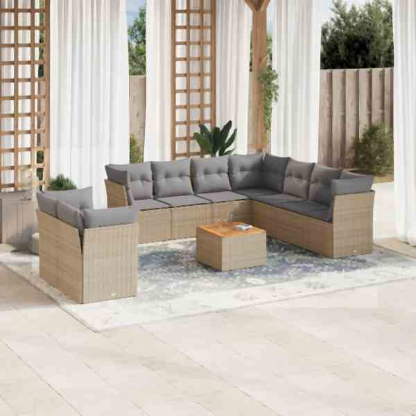 vidaXL 11-tlg. Garten-Sofagarnitur mit Kissen Beige Poly Rattan, UV-beständig, 3256045