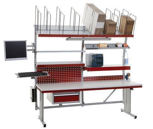 Rocholz Komplettpackplatz Elektrisch SYSTEM FLEX, 2000 x 800 x 720 - 1120 mm, Weißaluminium/Rubinrot, 309381