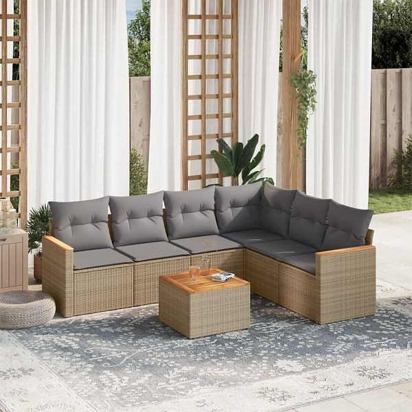 vidaXL 7-tlg. Garten-Sofagarnitur mit Kissen Beige Poly Rattan, 3258412