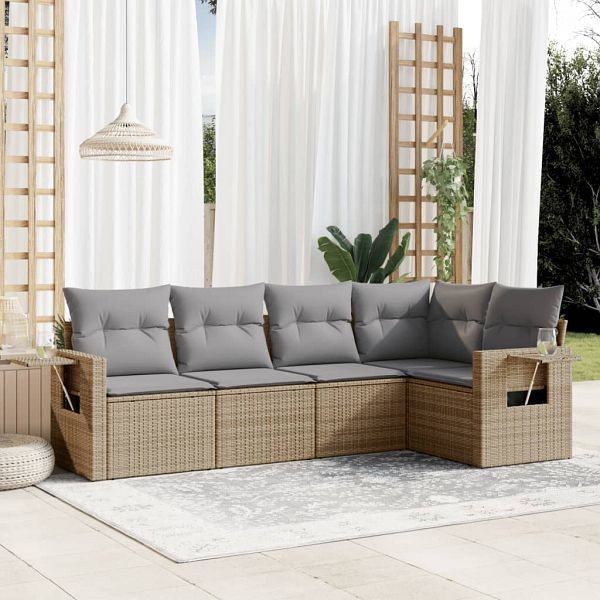 vidaXL 5-teilig Garten-Sofagarnitur mit Kissen Beige Poly Rattan, 3252466