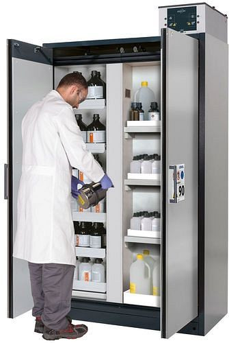 asecos Feuerbeständiger Gefahrstoffschrank Select, Mittelwand, Auszugswannen und Wannenböden, silber, 266835