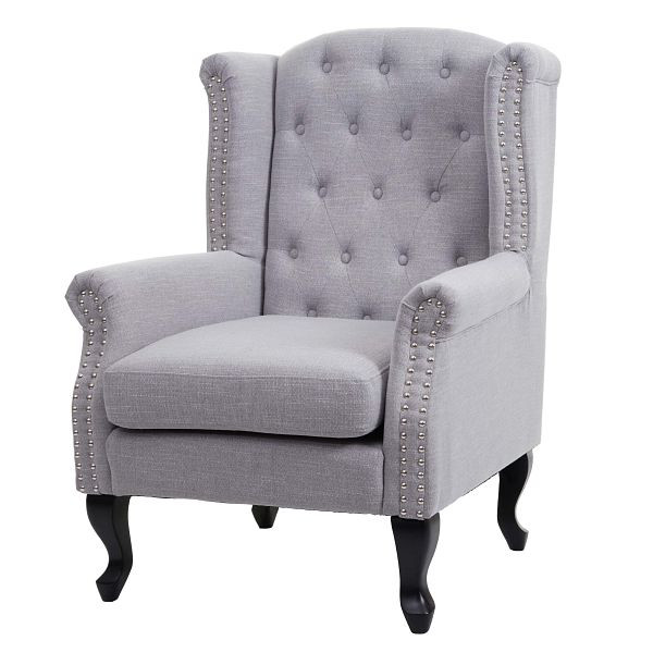 Mendler Sessel Chesterfield, Relaxsessel Clubsessel Ohrensessel, wasserabweisend Stoff/Textil, grau ohne Ottomane, 69725+69726
