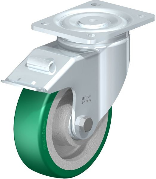Blickle LH-GST 160K-FI Stahlblech-Lenkrolle, Schwerlast-Ausführung, mit Anschraubplatte & Feststeller, Blickle Softhane®, Grün, 754611