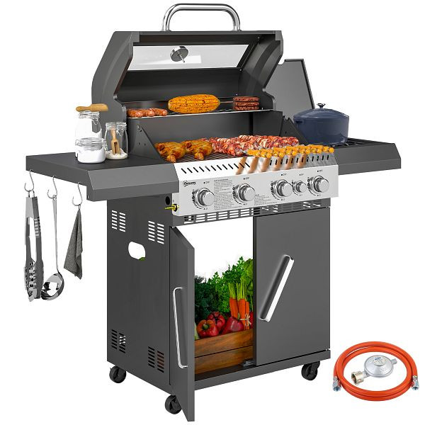 Outsunny Gasgrill 12 KW Grillwagen inkl 5 Brenner Seitenkocher Rolle Deckel Thermometer Seitenablagen 135 x 54 x 110 cm, 846-195V90BK