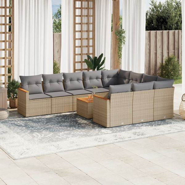 vidaXL 11-teilig Garten-Sofagarnitur mit Kissen Beige Poly Rattan, 3226346