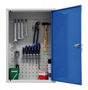ADB Werkzeug-Wandschrank, 1-türig mit Haken-Set, Farbe Tür: blau, RAL 5012, Maße Komplett: HxBxT: 750x500x200 mm, 52604